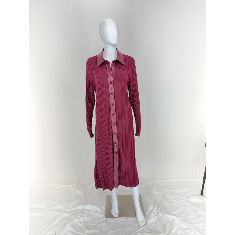 TOCIN x QTD Ribbed Button Front Midi Dress Burgundy Faux Leather Collar Size XXL - Picture 3 of 8